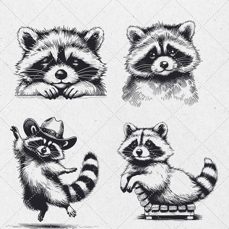 K&ouml;nnte beinhalten: Vier Schwarzwei&szlig;illustrationen von Waschb&auml;ren. Ein Waschb&auml;r tr&auml;gt einen Cowboyhut. Ein anderer Waschb&auml;r sitzt auf einer Holzbank. Die beiden anderen Waschb&auml;ren schauen den Betrachter an.