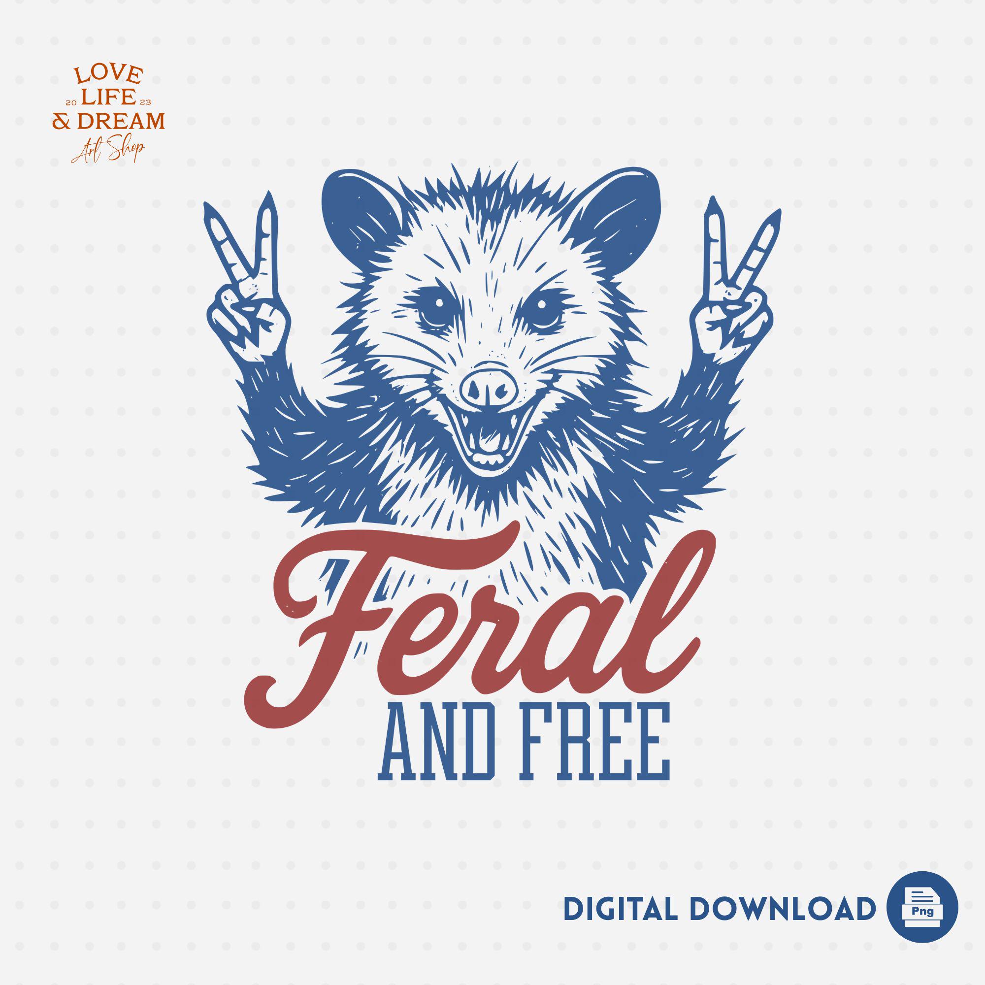 Feral and Free Possum PNG – Funny Vintage Animal Clipart, 4th of July Sublimation, Peace Sign Wild Opossum, Retro T-Shirt Graphic