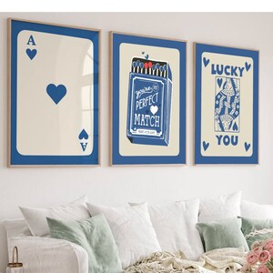 Trendy Aesthetic Print | Trendy Ace Of Hearts Print | Lucky You Print Set Of 3 | Trendy Retro Wall Art Set Of 3 | Retro Print Blue