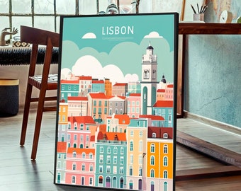 May include: A colorful illustration of the Lisbon skyline with the text "LISBON" at the top. The illustration features a variety of buildings, including a tall church with a clock tower, and a blue sky with white clouds.