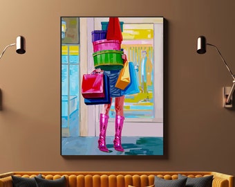 Könnte beinhalten: Ein farbenfrohes Gemälde einer Person, die einen Stapel Einkaufstaschen und -boxen trägt. Die Person trägt rosa Stiefel und einen kurzen Rock. Der Hintergrund ist ein farbenfrohes abstraktes Design.