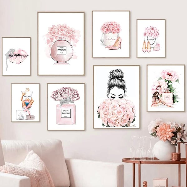 Wall Art Prints Set of 8 Pink Flower lips Fashion Flowers Shopping Wall Pictures for Bedroom Decor Makeup Art Posters Girls Room Wall Decor