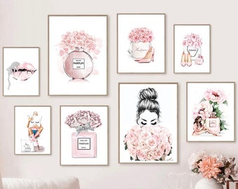 Estampados de flores rosas: Decoración de dormitorio para chicas (Descarga digital)