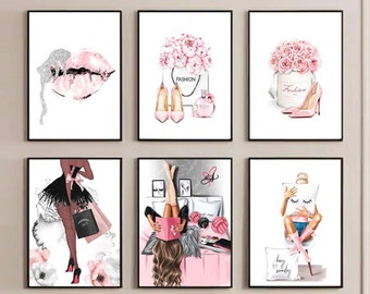 Láminas de arte mural de moda rosa: Decoración de dormitorio femenino (Descarga digital)