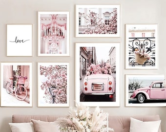 Láminas de arte mural con flores rosas para coche: Decoración para dormitorio femenino (Descarga digital)