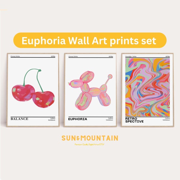 Euphoria Wall Art prints set of 3. Retro Spective. Aura Poster. Retro Gradient Poster. Grainy Gradient. Affirmation Poster.Psychedelic Decor