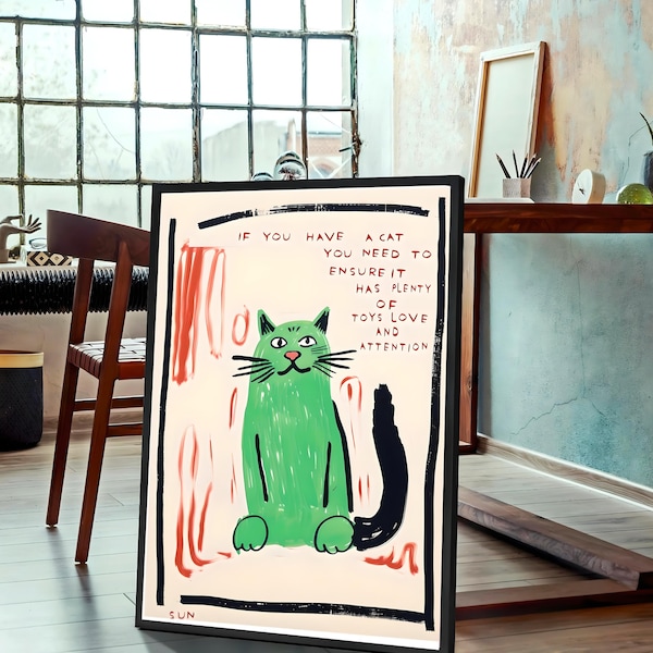 Cat Poster. Contemporary Art. Funky Wall Decor. Green Cat Wall Art. Funny Quotes Print. Coffee Poster,abstract animal wall decorative Prints