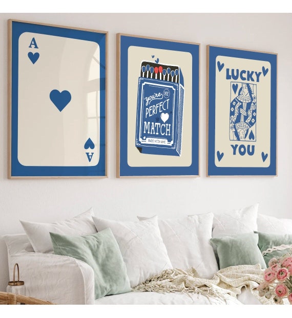 Retro Ace of Hearts Print Set: Trendy Blue Wall Art (Digital Download)