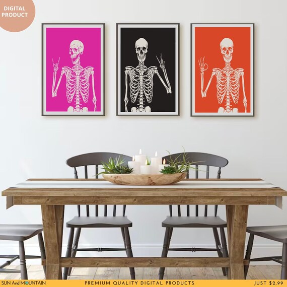 Skull Print Set: Gothic Emo Decor, Pink Orange Black (Digital Download)