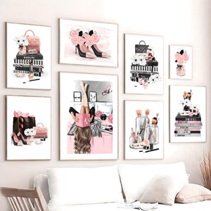 Wand Kunst Druckt Set von 8 Rosa Blumen Tasche Mode Blumen Shopping Wandbilder für Schlafzimmer Dekor Makeup Kunst Poster Mädchen Raum Wand dekor
