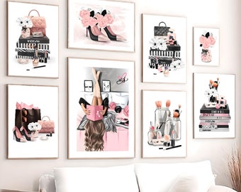 Láminas de arte mural de moda rosa: Decoración de dormitorio femenino (Descarga digital)