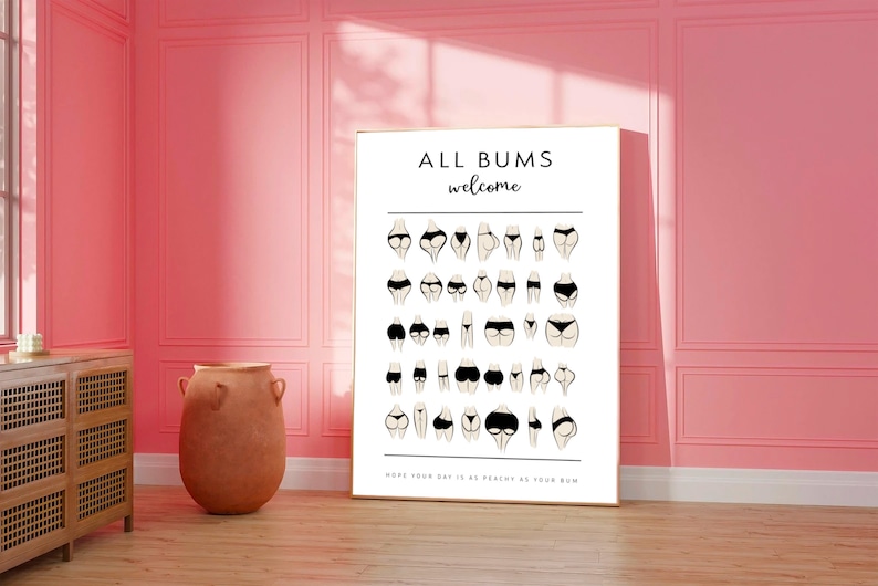All Bums Are Welcome.Nice bum. Bathroom wall art. Bathroom print. Bathroom art. All butt welcome. Nice butt. Bathroom sign.Poster for toilet image 1