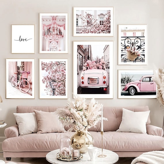 Pink Flower Car Wall Art Prints: Girly Bedroom Decor (Digital Download)