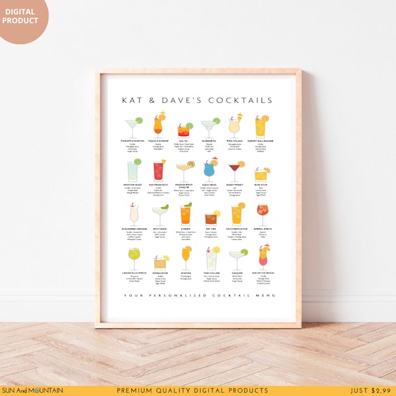 Personalized Cocktail Menu Art Print: Custom Drink Recipes (Digital Print)