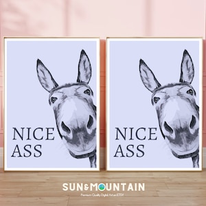 Könnte beinhalten: Zwei digitale Kunstdrucke mit dem Kopf eines Esels und dem Text "NICE ASS" auf hellblauem Hintergrund.