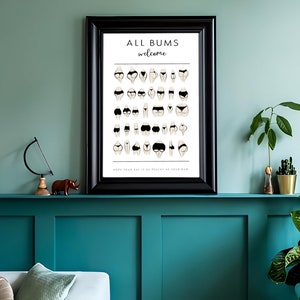May include: A framed poster with the text "ALL BUMS welcome" and a graphic of various body shapes in black underwear. The poster is hanging on a teal wall above a shelf with plants and decor.