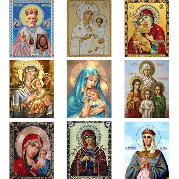 9 Ícones Religiosos Vintage | Impressões Digitais | Arte Cristã Ortodoxa | Decoração de Parede