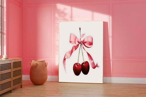 Pink Bow Cherry Print: Coquette Dorm Wall Art (Digital Download)