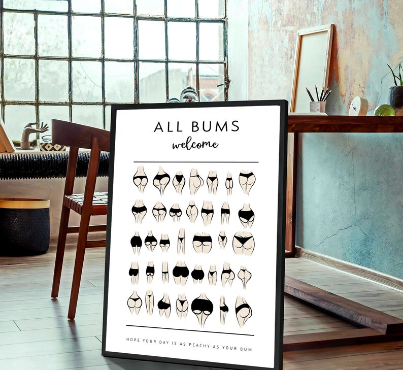 All Bums Are Welcome.Nice bum. Bathroom wall art. Bathroom print. Bathroom art. All butt welcome. Nice butt. Bathroom sign.Poster for toilet image 2