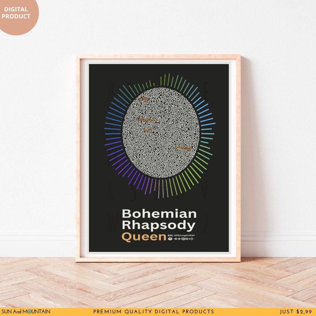 Bohemian Rhapsody Song Lyrics Printable Art, Sound Wave, Spotify Link ...
