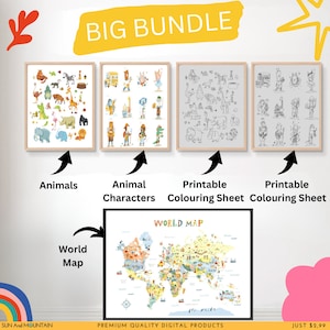 Animal World Map Print.Tier Zeichen und druckbare Ausmalbilder, pädagogisches Poster, Kinderzimmer Dekor, Kinderzimmer Karte, Welt Karte Wandkunst.