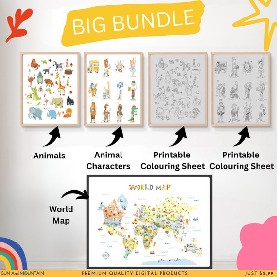 Animal World Map Print: Nursery Decor, Colouring Sheets (Digital Download)