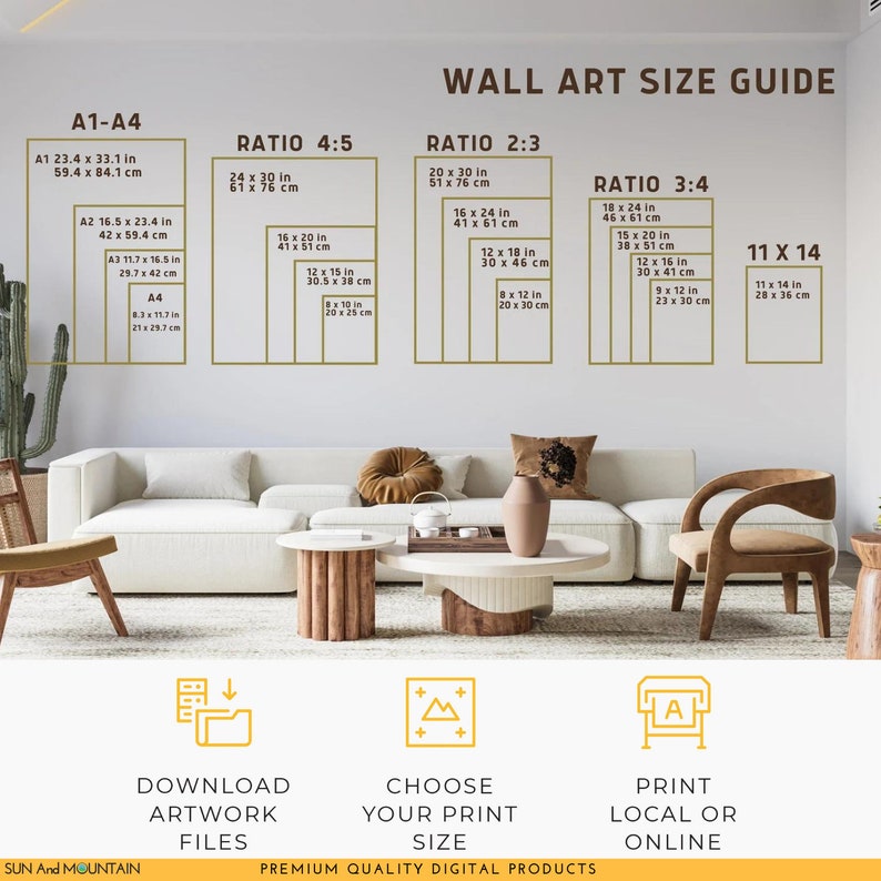 May include: A wall art size guide with different ratios and sizes in inches and centimeters. The guide includes ratios 4:5, 2:3, 3:4, and 11 x 14. The guide also includes a section on downloading artwork files, choosing your print size, and printing locally or online.