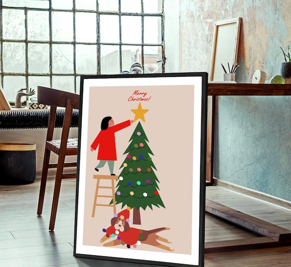 Dog and Christmas Tree Art Print: Modern Holiday Decor (Digital Download)