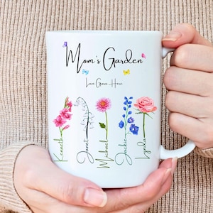 Benutzerdefinierte Omas Gartenkaffeetasse mit großartigen Kindernamen, personalisierte Geburtsblumentasse Mammageschenk, Muttertags- und Weihnachtsgeschenk für Großmutter.