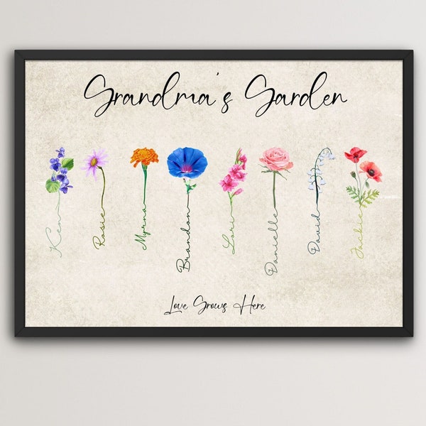 Impression personnalisée de fleurs de naissance, affiches jardin familial, enseigne jardin de grand-mère, enseigne jardin de maman, cadeau personnalisé pour la fête des mères, toile personnalisée.