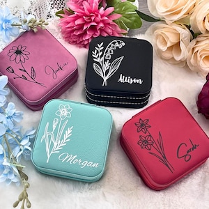 Customized Leather Jewelry Box, Bridesmaid Jewelry Case, Personalized Travel Jewelry Organizer, Custom Birth Flower Jewelry Case with Name.