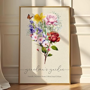 Cadeau fête des mères pour grand-mère, bouquet de fleurs de naissance de famille personnalisé, impression jardin personnalisé de nounou, panneau personnalisé jardin de maman pour la fête des mères