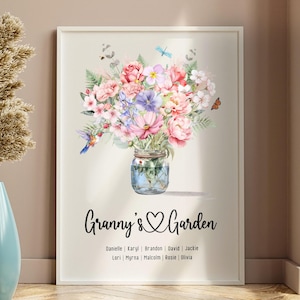 Grandmas Garden Birth Flower Bouquet Wall Art Print, Personalized Birth Flower Bouquet for Mom and Grandma for Mothers Day, Christmas.