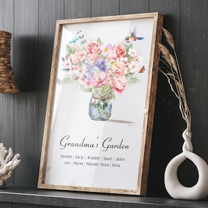 Custom Birth Month Flower Wall Art Print, Personalized Birth Flower Bouquet, Watercolor Print for Mom, Grandmas Garden Digital Download.