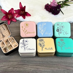 Portagioie personalizzato con fiori di nascita, regalo unico per la festa della mamma, compleanno e Natale, custodia da viaggio personalizzata per damigelle d'onore, organizer per gioielli.