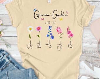 Personalized Grandma's Garden Birth Flower Shirt: Custom T-Shirt with Kids Names for Mom