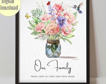 Könnte beinhalten: Ein gerahmter Kunstdruck mit einem Aquarell-Blumenstrauß aus rosa, violetten und weißen Blüten in einem Einmachglas. Ein Kolibri und zwei Schmetterlinge sind zu sehen. Der Text lautet Digital Download, Our Family und sieben Namen.