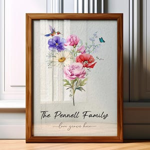 Muttertags-Blumenstrauß, Familienstrauß-Druck, kundenspezifischer Geburts-Blumendruck für Oma, Mutter, Nana, personalisiertes Muttertagsgeschenk.
