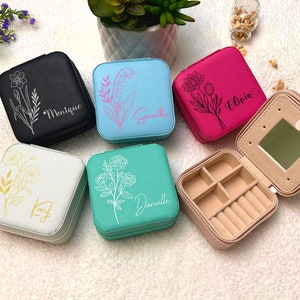 Personalisierte Schmuckschatulle mit Spiegel, Geburtsblumen Schmuckschatulle, benutzerdefinierte Brautjungfer Vorschlag Geschenk, Muttertags-, Geburtstags- und Weihnachtsgeschenk.