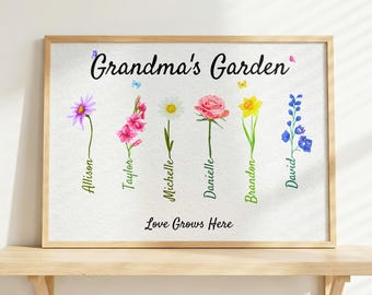 Tryck med blommor i farmors trädgård, present till mormor, personlig present till mormor, anpassad present till morsdag, familjeträdgård.