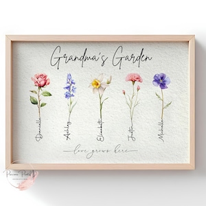 Custom Grandma's Garden Wall Art, Framed Textured Birth Flower Print, Vintage Mom's Garden Canvas, Personalized Mothers Day Poster.