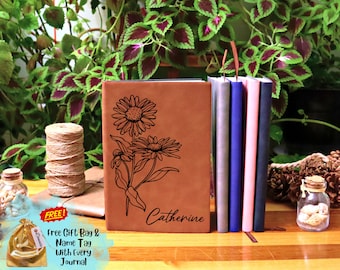Birth Flower Journal, Birth Month Flower Gift, Personalized Leather Journal, Custom Name Journal, Custom Graduation Gift, Christmas Gift.