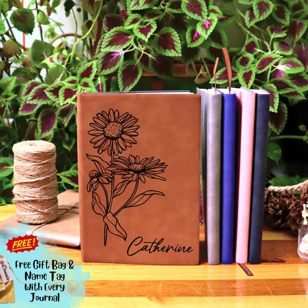 Birth Flower Journal, Birth Month Flower Gift, Personalized Leather Journal, Custom Name Journal, Birthday Gift Journal, Christmas Gift