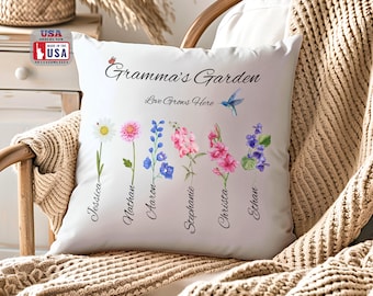 Cojín personalizado con el jardín de la abuela, funda de cojín con flor de nacimiento personalizada, cojín con el nombre de los nietos, regalo de cumpleaños o del Día de la Madre.