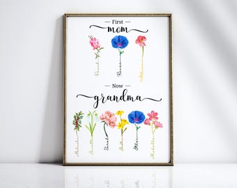 Custom First Mom Now Grandma Gift, Special Mother's Day Gift For Grandma, Nanny and Mom, Birth Month Flower Prints, Grandma's Garden Sign