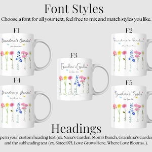 Five white mugs are displayed, each showcasing a different floral design with custom text options. Above the mugs, text reads Font Styles and Headings, with instructions on customizing headings and subheadings in various fonts.