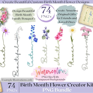 Geboortemaand bloemen clipart, aquarel bloemen png-bundel, DIY geboortemaand bloemenprint Creator Kit, Moederdagcadeau, botanische clipart.