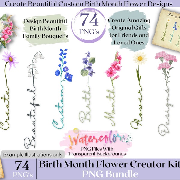 Birth Month Flowers Clipart, Watercolor Floral PNG bundle, DIY Birth Month Flower Print Creator Kit, Mother's day Gift, Botanical Clipart.