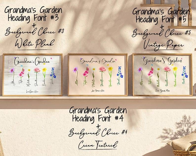 Three framed artworks showcase three different Grandmas Garden text styles on different background choices: white plank, vintage paper, and cream texture. Each features colorful flower drawings beneath the text, with shadows cast on a beige wall.