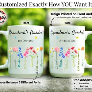 Two white 15 ounce mugs labeled Grandmas Garden with colorful flower designs and personalized names rest on a flat gray stone, with trees in the background. Highlighting Custom Grandma's Garden Mug options, free add-ons, and printing details. A Canadian emblem highlighting this mug is customized and shipped from Canada is also shown—perfect as a Personalized Birth Flower Gift.